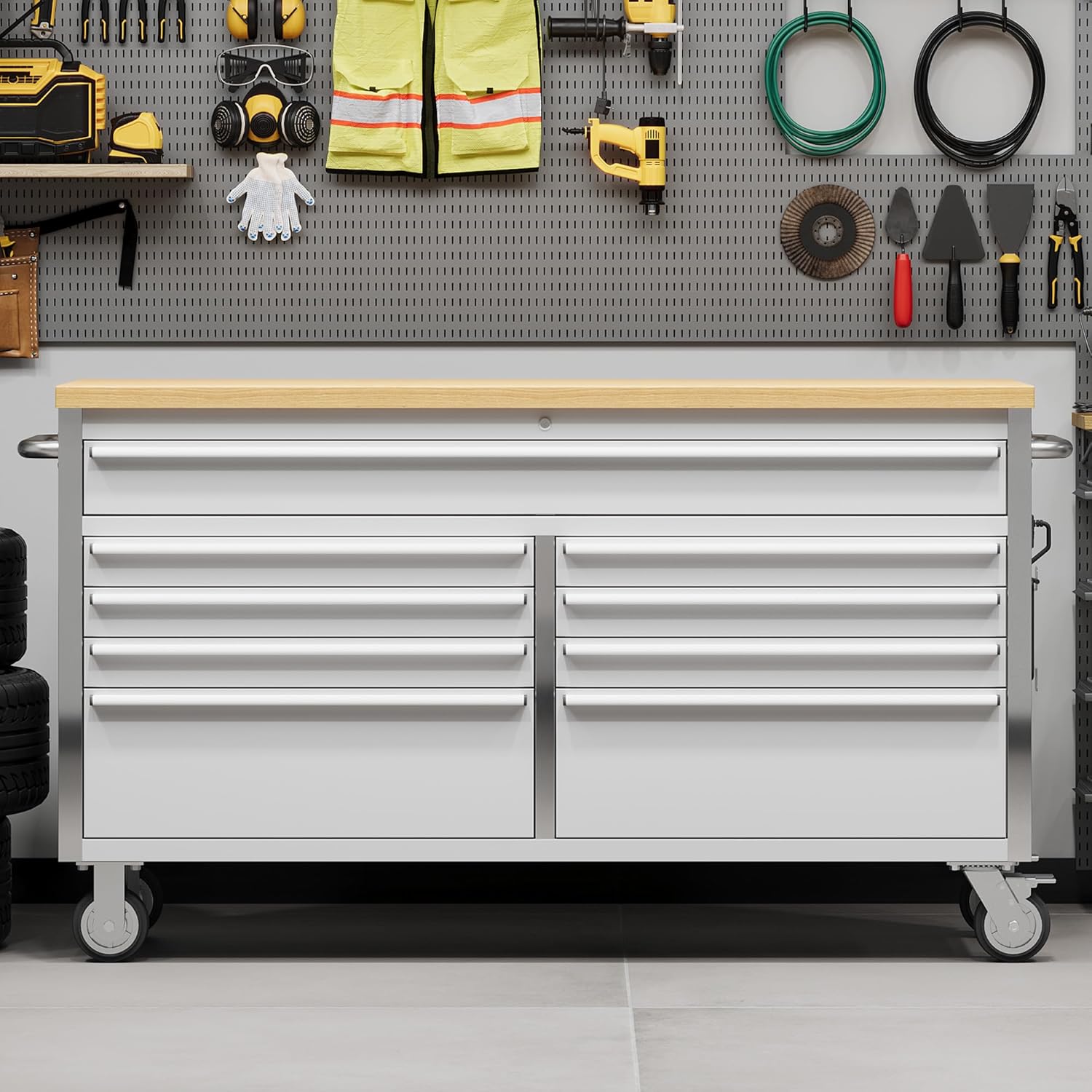 PeakPursuit 61' Rolling Tool Chest with 9 Drawers, Solid Rubber Wood Workbench Top, Locking Wheels & Key Lock, Mobile Garage Tool Cabinet for Workshop Storage & Organization, Silver