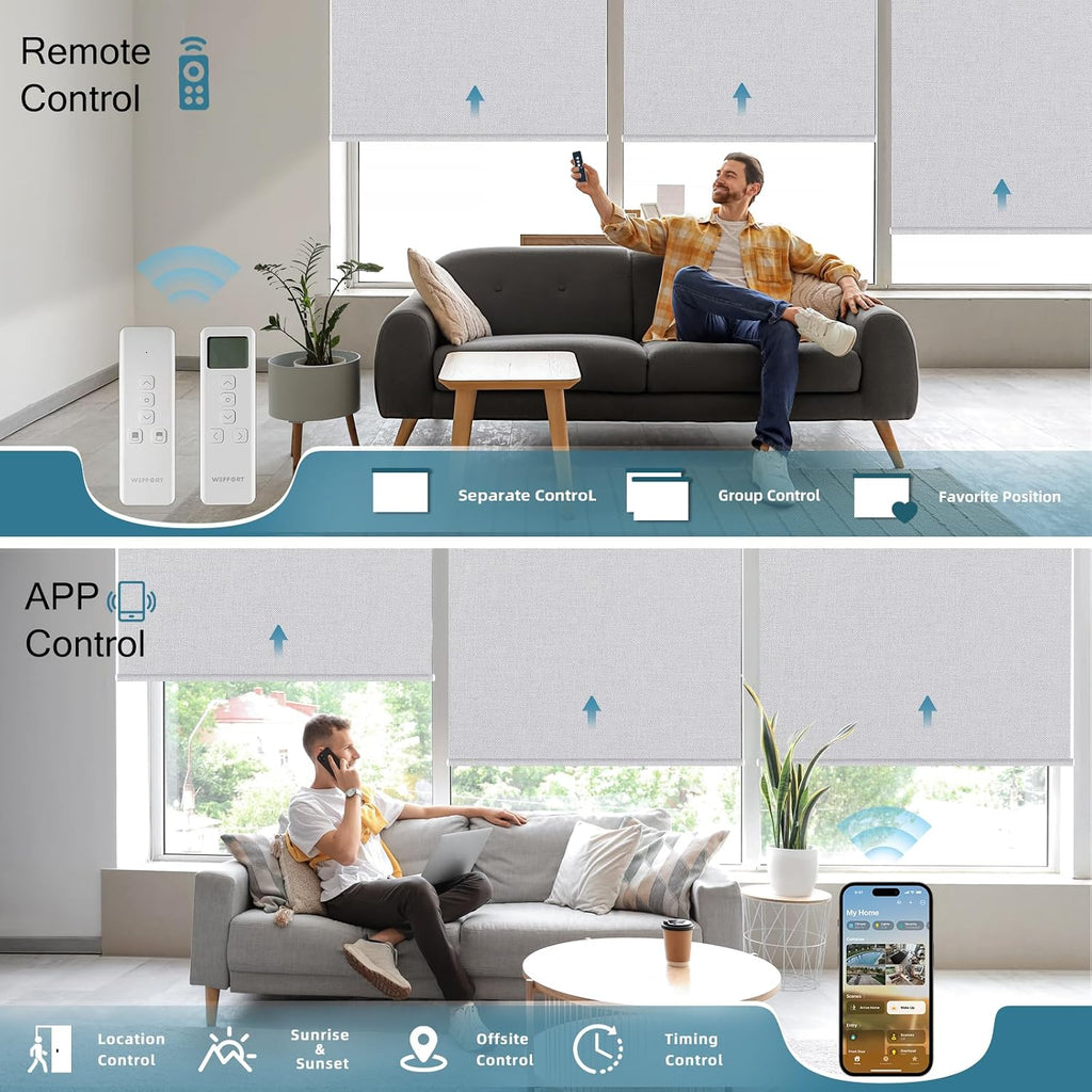 Motorized Roller Shade, 100% Blackout Smart Window Blinds Work with Homekit, Alexa, Google Home, Remote Control, Electric Blinds with USB/Solar Pannel Charging,Bouvardia Light Grey