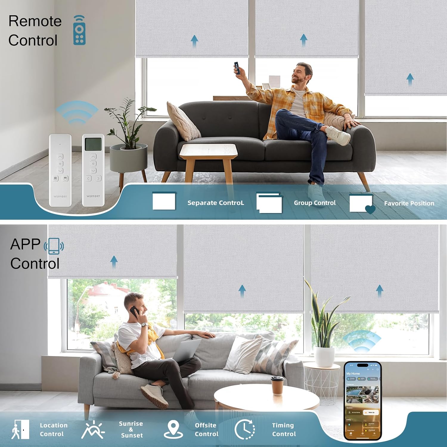 Motorized Roller Shade, 100% Blackout Smart Window Blinds Work with Homekit, Alexa, Google Home, Remote Control, Electric Blinds with USB/Solar Pannel Charging,Bouvardia Light Grey
