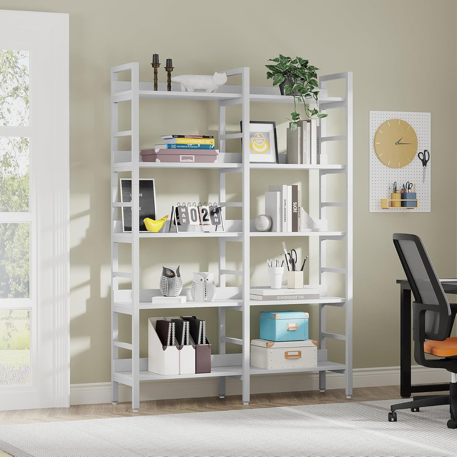 Tribesigns 5-Tier Industrial Bookshelf, 71'H x 47'W Etagere Bookcase, Freestanding Double Wide Book Shelf for Storage and Display, Wood and Metal Bookshelves for Living Room Home Office, White