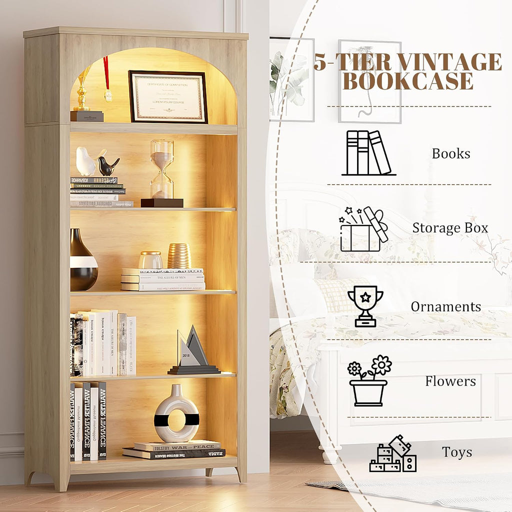 5-Tier LED Arched Bookshelf with Lights - 70'' Tall Bookcase with Storage, Floor Standing Modern Display Shelf for Living Room, Office, Study Room, Entryway, Ideal Gift, Natural Oak