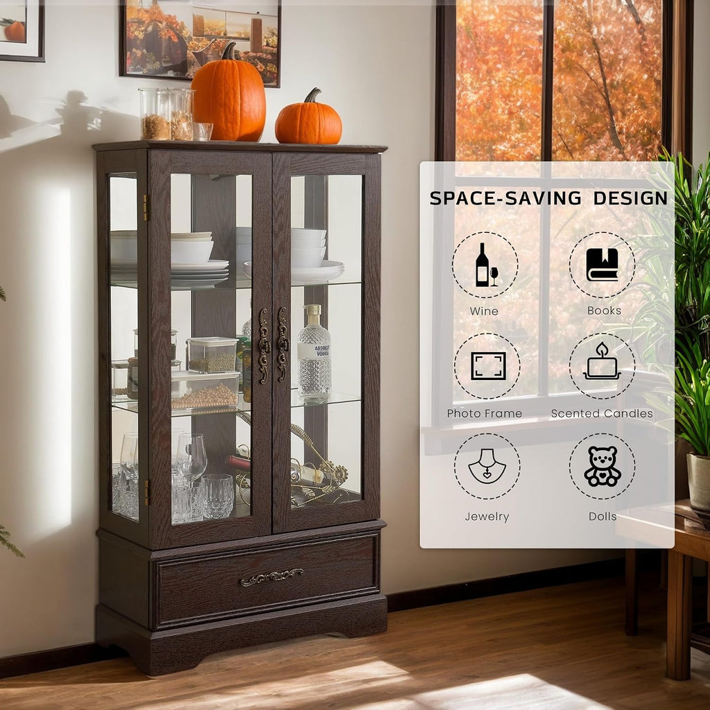 47' Lighted Glass Accent Curio Cabinet, 3-Tier Antique Storage Cage with Adjustable Shelves & Drawer, Acrylic Mirrored Pane, Light Blub Included, Small China Cabinet for Living Room (Dark Cherry)