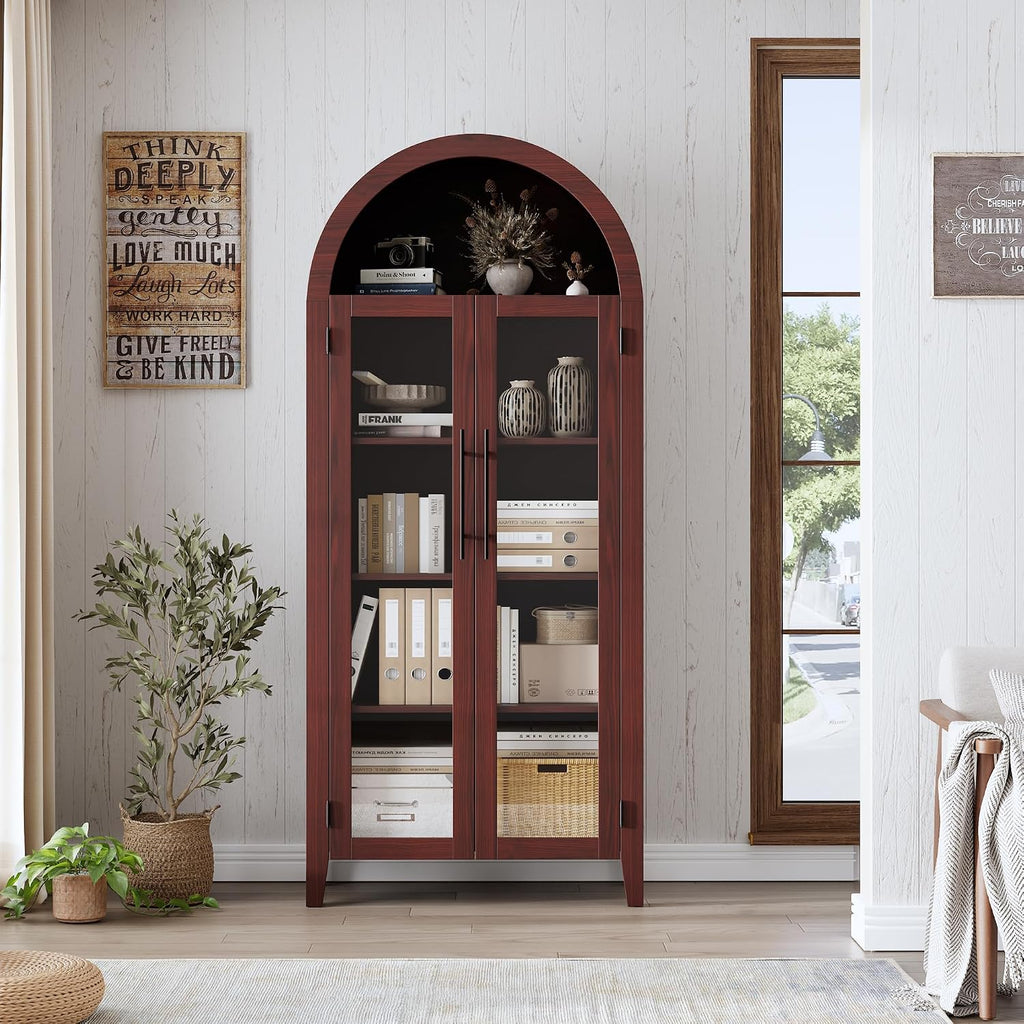 IDEALHOUSE Arched Kitchen Pantry Storage Cabinet - Farmhouse 5-Tier Display Shelf with 2 Large Glass Doors and Adjustable Shelf, Versatile Cupboard for Kitchen, Dining Room, Living Room, Walnut
