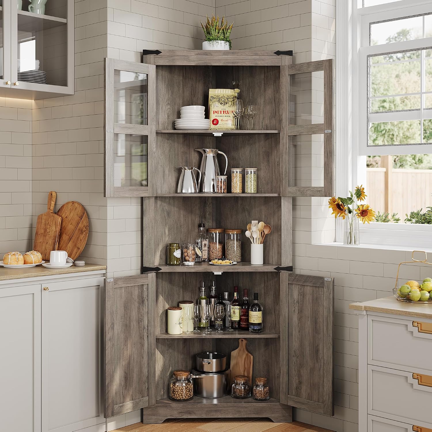 GarveeHome 67 in Tall Corner Storage Cabinet with Lights, Farmhouse Corner Hutch Display Cabinet with Glass Doors, Wooden Storage Organizer for Kitchen, Living Room, Bathroom, Washed Grey