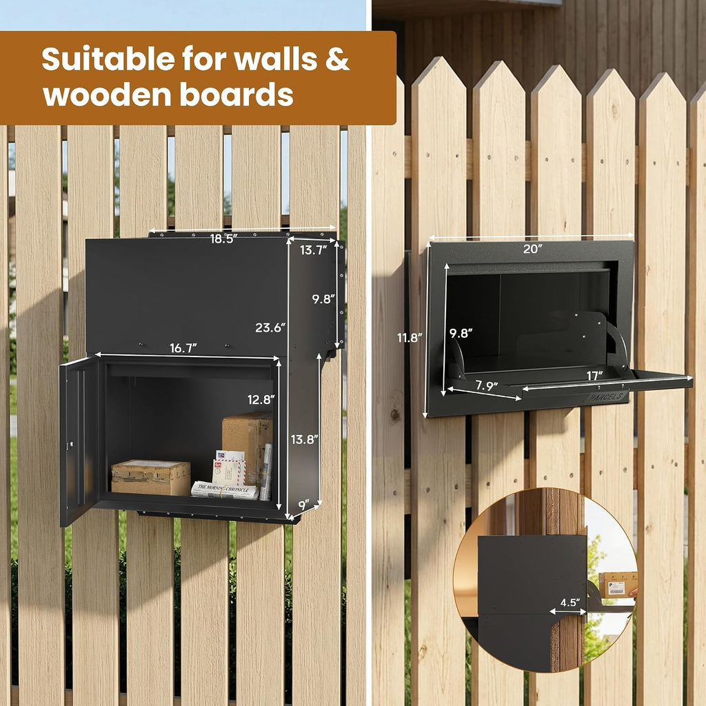 Large in-Fence Parcel Drop Box - Easy Assembly Through-the-Wall Package Delivery Box with Rear Access Door - Anti-Theft Locking Mailbox for Packages and Mail (Sleek Black Steel)