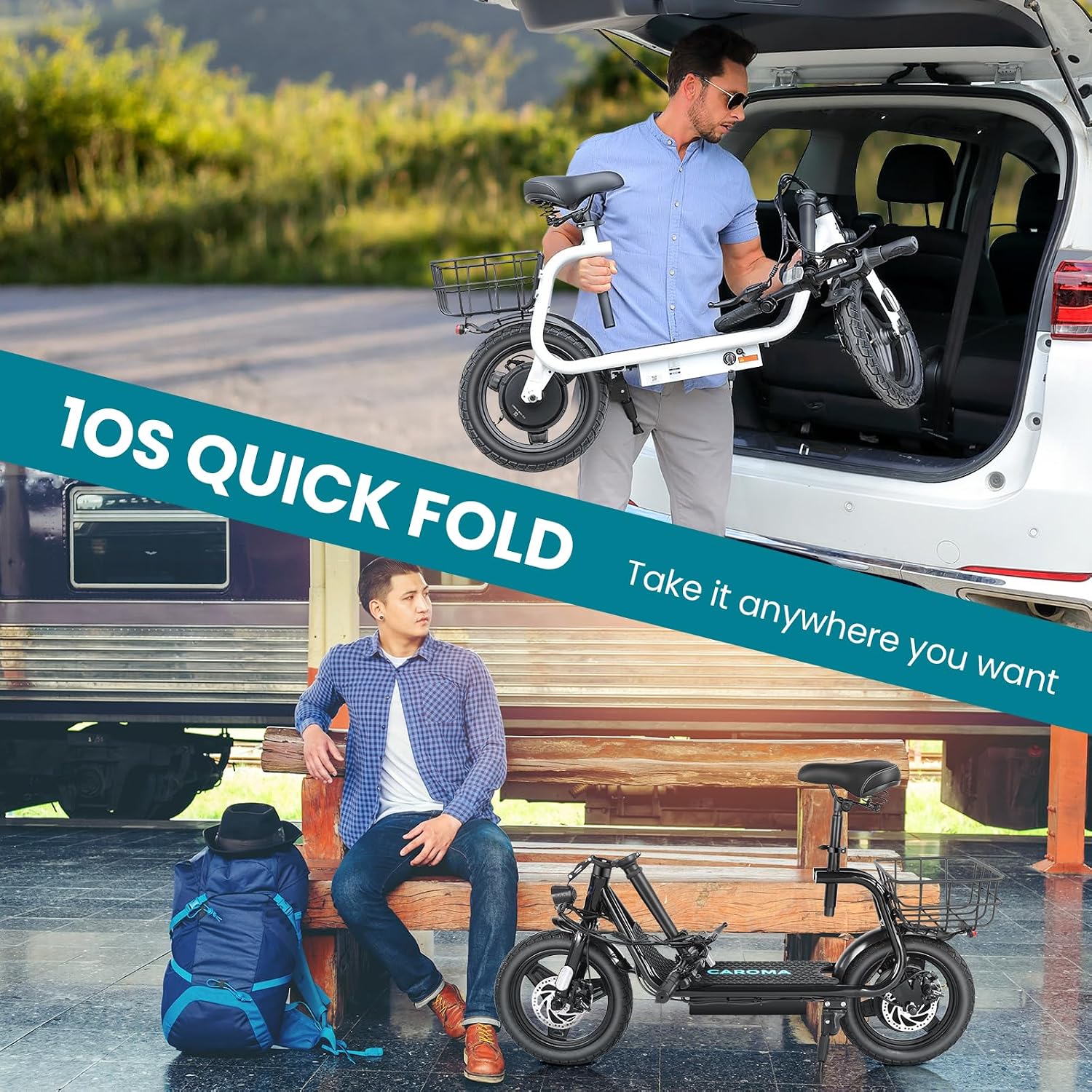 Caroma Electric Scooter with Seat for Adults, 1200W/800W Peak Motor, 30Miles Long Range & 20Mph, 14' Fat Tire Foldable E Scooter with Basket for Commuting, Grocery, Pets