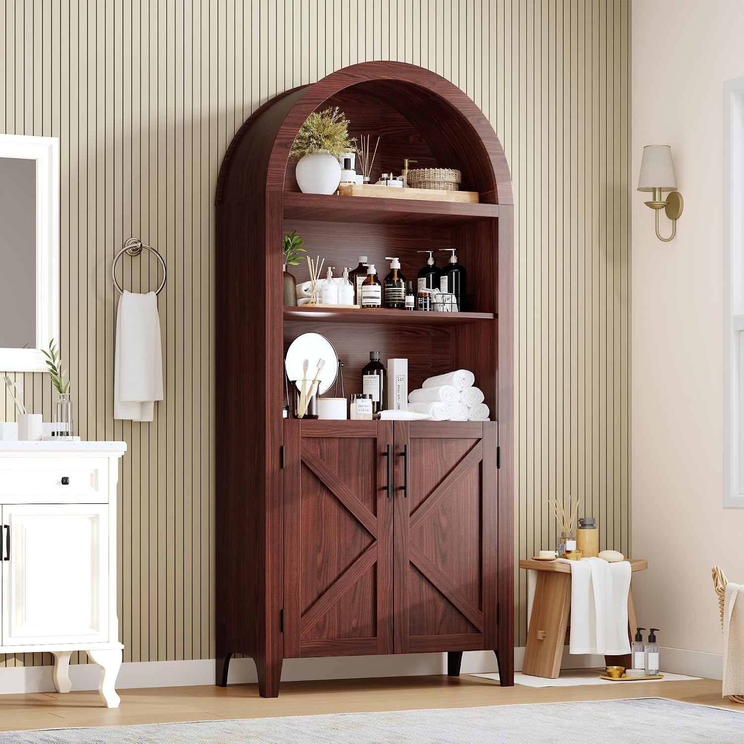 IDEALHOUSE Arched Kitchen Pantry Cabinet with Doors - 5-Tier Open Display Shelf with Nice Texture, Farmhouse Storage Cabinet for Kitchen, Dining Room, Living Room, Walnut