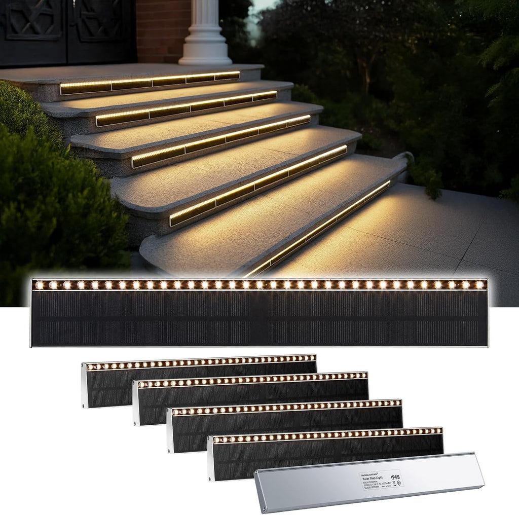SHONELIGHTING Solar Step Lights for Outside, 33 Focused-Beam High-Brightness LEDs, Waterproof Aluminum Outdoor Stair Light for Risers, Curbsides, Poolsides, Planter Edges (Warm White, 6Pack)