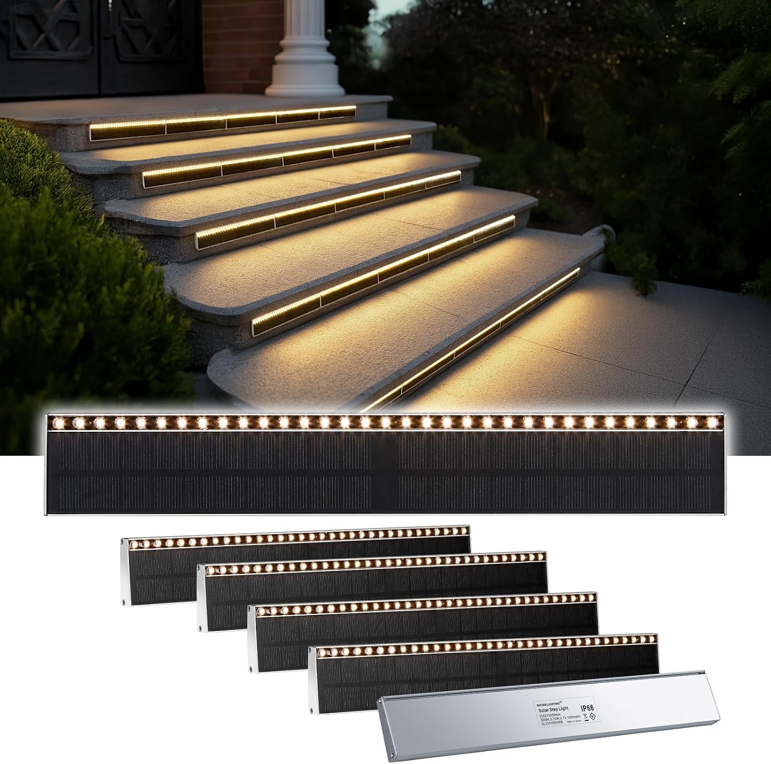 SHONELIGHTING Solar Step Lights for Outside, 33 Focused-Beam High-Brightness LEDs, Waterproof Aluminum Outdoor Stair Light for Risers, Curbsides, Poolsides, Planter Edges (Warm White, 6Pack)