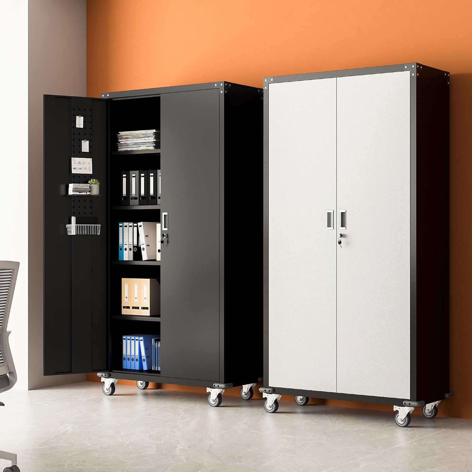 Upgraded Metal Storage Cabinet with Wheels, Lockable Rolling Garage Storage Cabinet with 2 Pegboard, Steel Garage Cabinets on Wheels with 4 Adjustable Shelves, White&Black