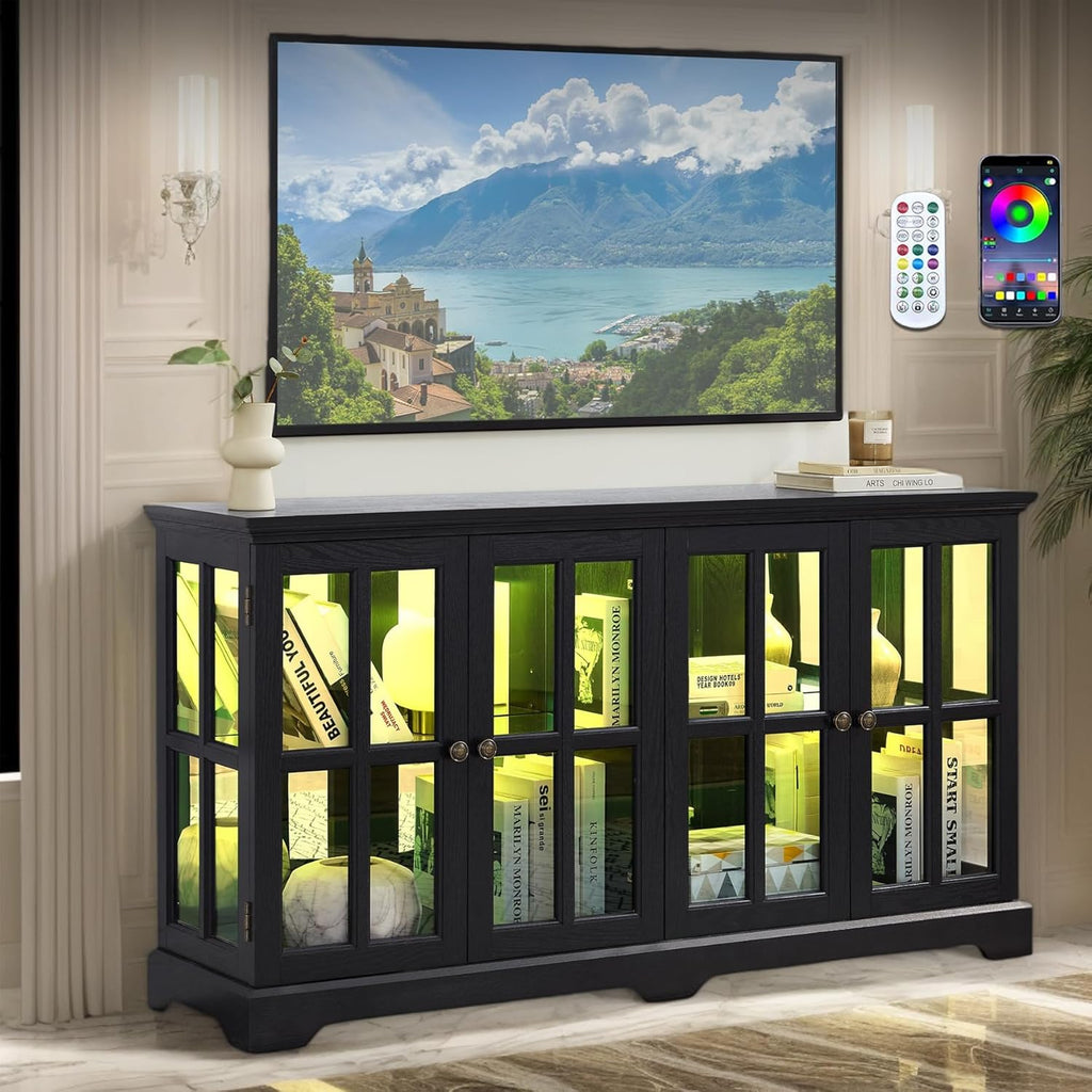 59' W LED Curio Cabinet with 7 Color Lights, Vintage Glass Display Case with Glass Doors, Smartphone-Controlled, Short Wooden China Cabinet with Adjustable Shelves for Living Room, Entryway (Black)