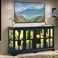 59' W LED Curio Cabinet with 7 Color Lights, Vintage Glass Display Case with Glass Doors, Smartphone-Controlled, Short Wooden China Cabinet with Adjustable Shelves for Living Room, Entryway (Black)