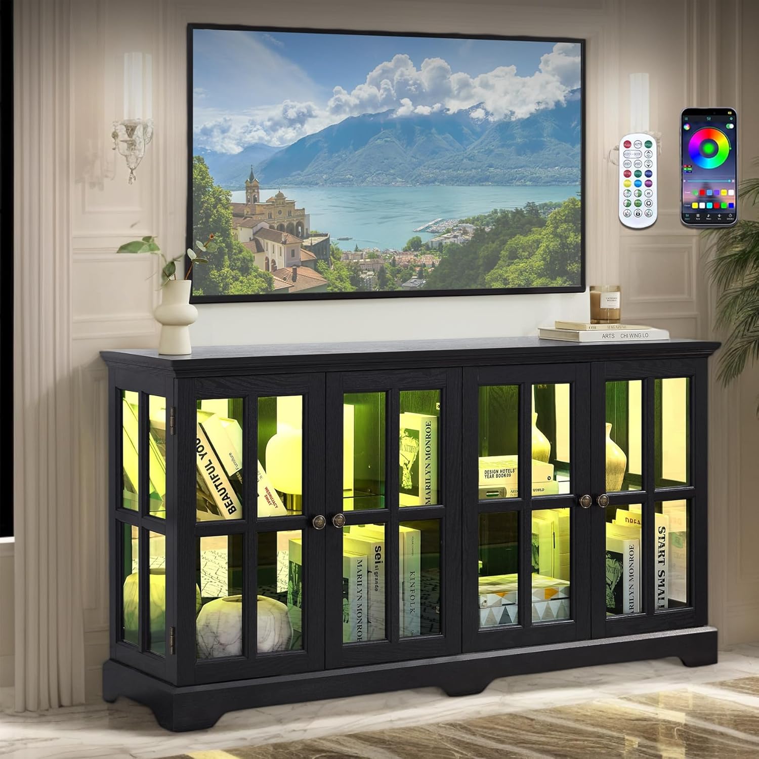 59' W LED Curio Cabinet with 7 Color Lights, Vintage Glass Display Case with Glass Doors, Smartphone-Controlled, Short Wooden China Cabinet with Adjustable Shelves for Living Room, Entryway (Black)