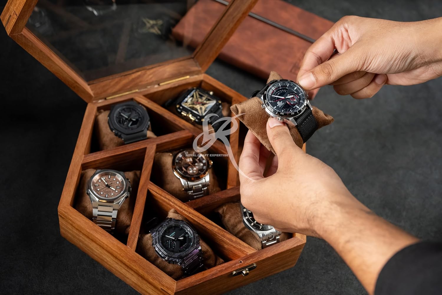 Royal Craft Expertise 7-Slot Honeycomb Wooden Watch Box – Handcrafted Indian Rosewood Timepiece Display Case | Unique Multipurpose Design with Glass Lid – Luxury Gift for Him