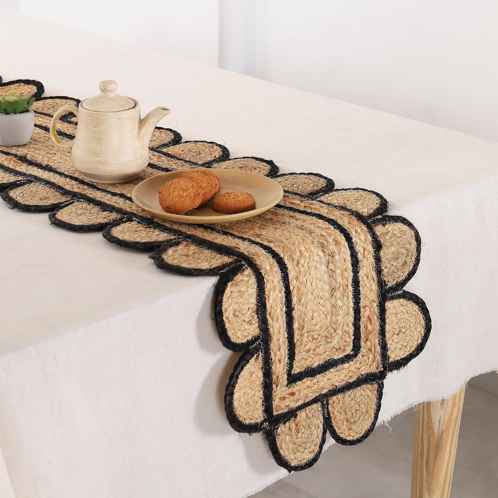 Pack of 2 Handmade Hand Braided Natural with Black Jute Scalloped Shape Eco-Friendly Table Runner-Runner for Dining Table Rug-13 x 120 Inch