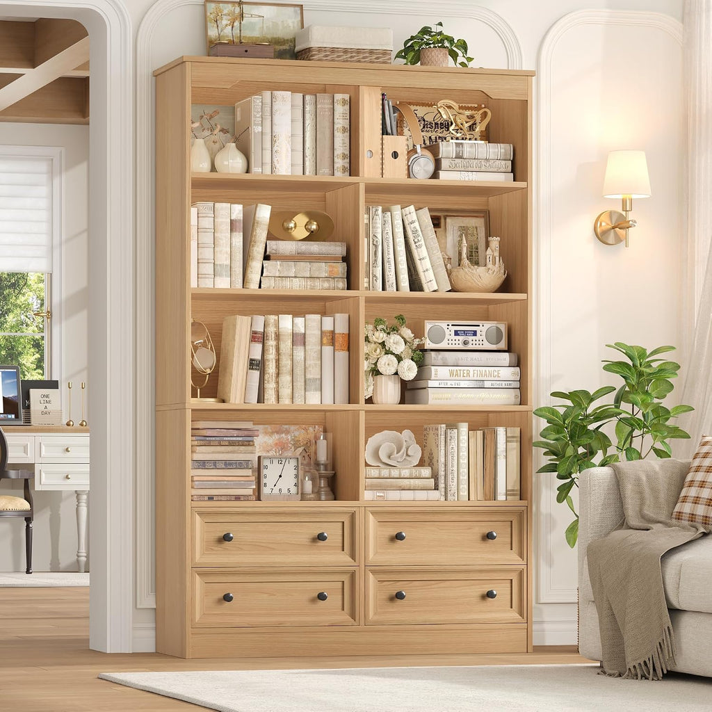 FINETONES 71' Tall Bookshelf with 4 Drawers, 6-Tier Double Wide Bookshelves and Bookcases with Storage, Natural Bookshelf Large Open Bookshelves Standing Book Cabinet for Home Office