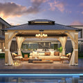 GARTOO 13'x15' Patio Wooden Gazebo, Galvanized Steel Roof Gazebo with Privacy Curtains and Netting, Double Vented Roof Hardtop Gazebos for Garden, Poolside, Porch, Lawn, Backyard Deck