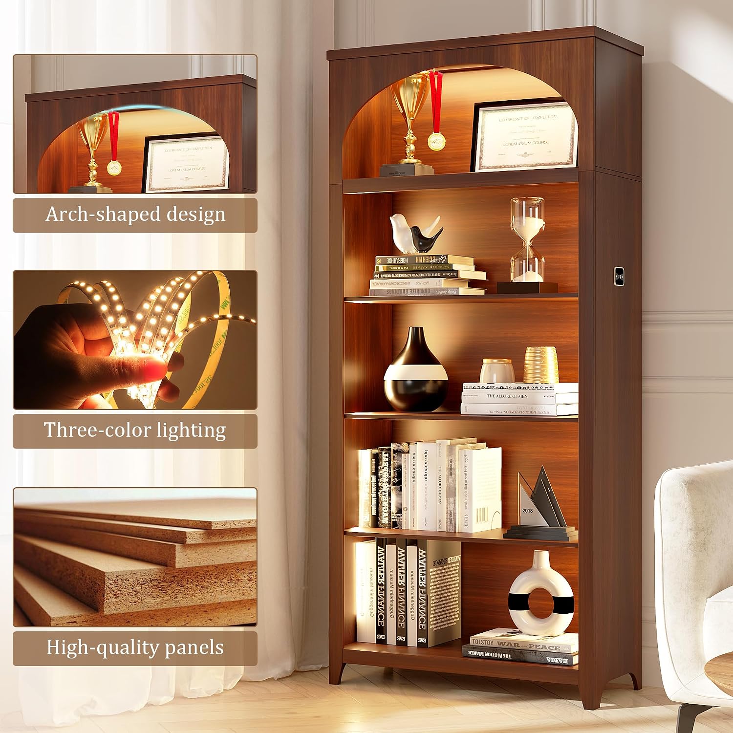 5-Tier LED Arched Bookshelf with Lights - 70'' Tall Bookcase with Storage, Floor Standing Modern Display Shelf for Living Room, Office, Study Room, Entryway, Ideal Gift, Walnut