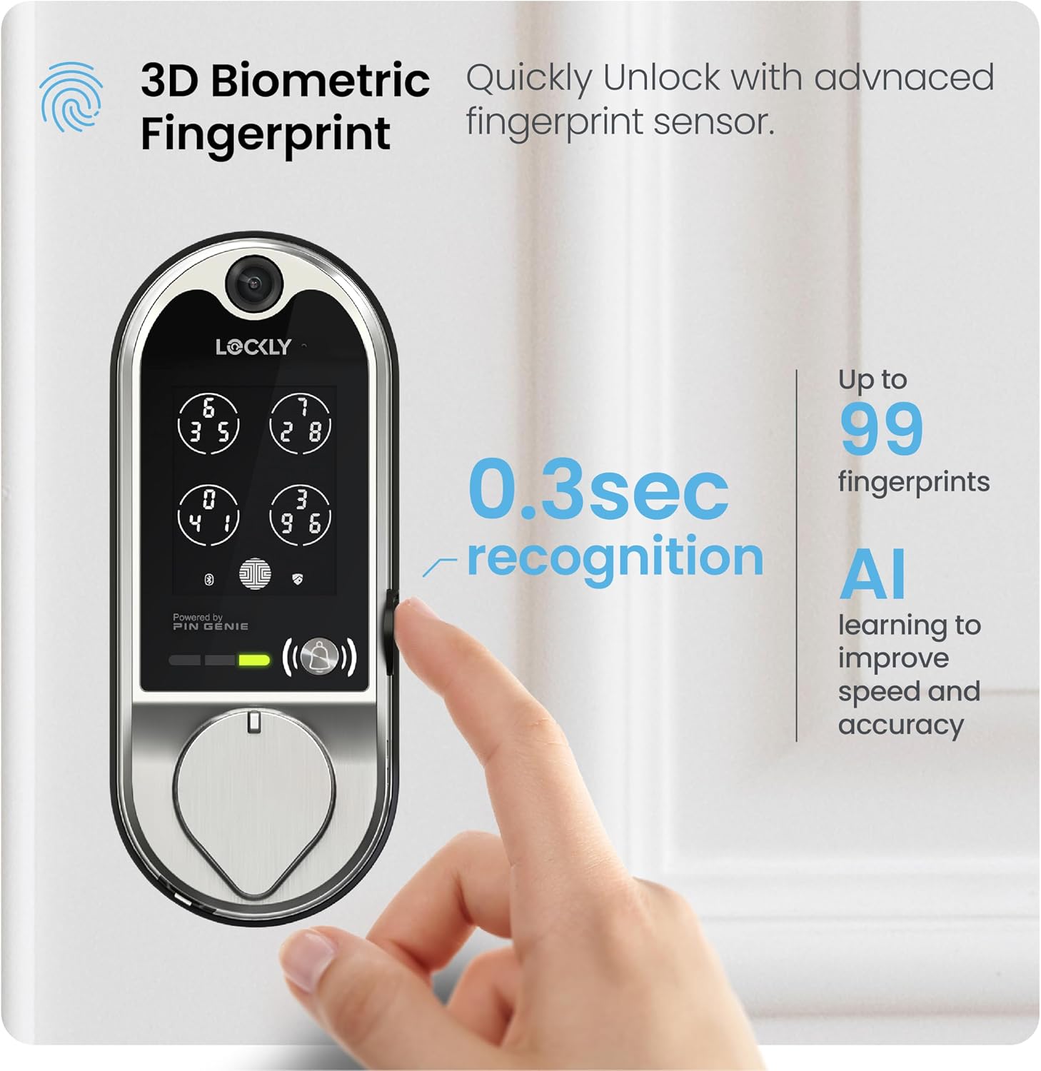 (Refurbished) Lockly Vision Smart Lock with Camera, Video Doorbell Keyless Entry Door Lock Wi-Fi, PIN Genie Keypad, Fingerprint, Auto Lock, Remote Control, Easy Installation, No Monthly Fee