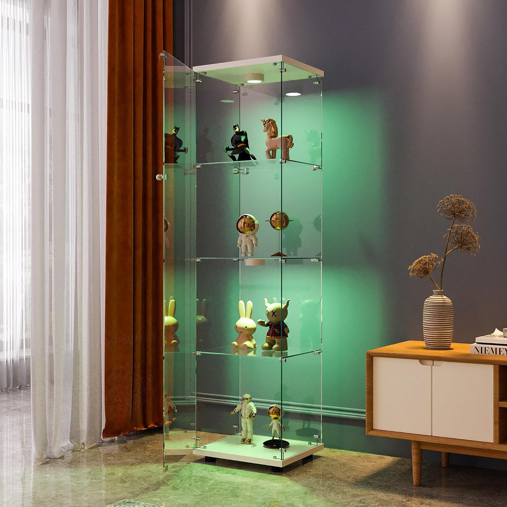 FANYUSHOW Display Cabinet with Glass Door and LED Light, 4-Tier Tempered Glass Display Shelf, Glass Curio Cabinet Collection Display Case, Display Case Cabinet, White 64.7' H x 16.7' L x 14.37' W