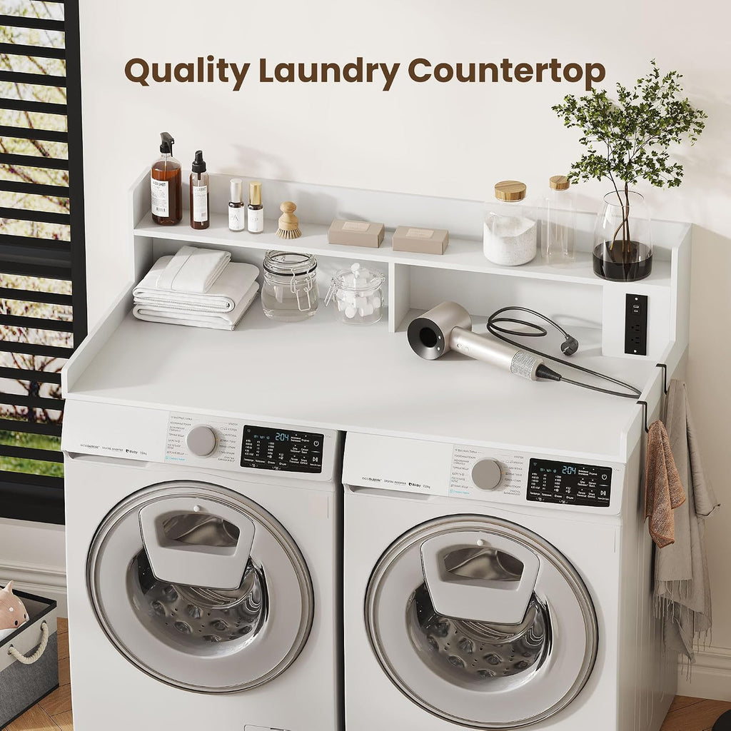 Upgraded 2-Tier Washer and Dryer Countertop with Power Outlet,54' W x 27.6' D Large Laundry Countertop for Fold Clothes, Laundry Topper with Non-Slip Pads & Metal Hooks and Storage Basket
