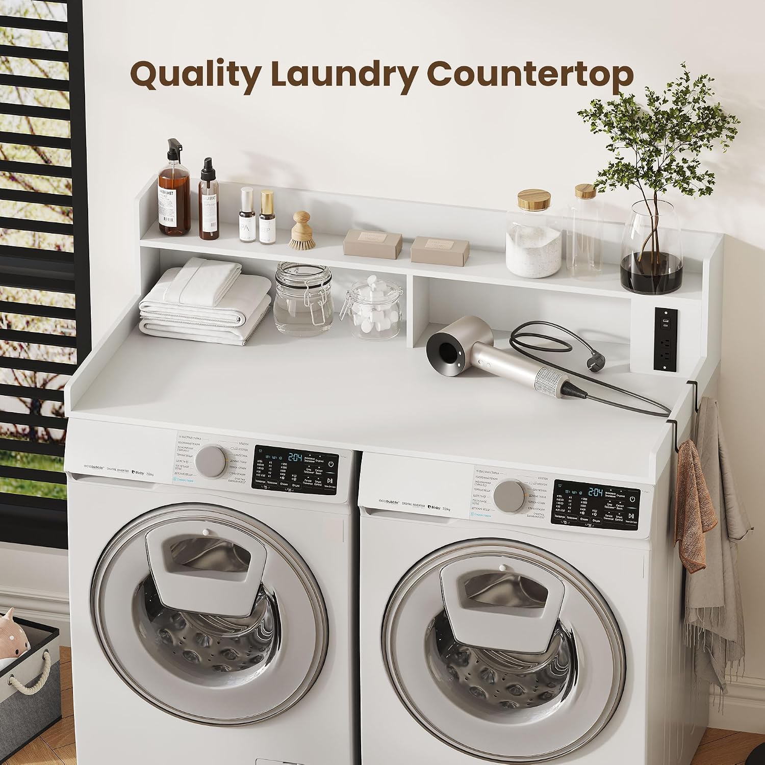Upgraded 2-Tier Washer and Dryer Countertop with Power Outlet,54' W x 27.6' D Large Laundry Countertop for Fold Clothes, Laundry Topper with Non-Slip Pads & Metal Hooks and Storage Basket