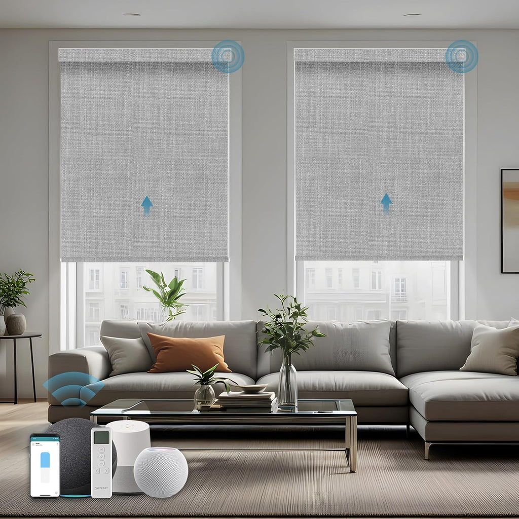 Motorized Roller Shade, 100% Blackout Smart Window Blinds Work with Homekit, Alexa, Google Home, Remote Control, Electric Blinds with USB/Solar Pannel Charging,Gentle Pale Grey