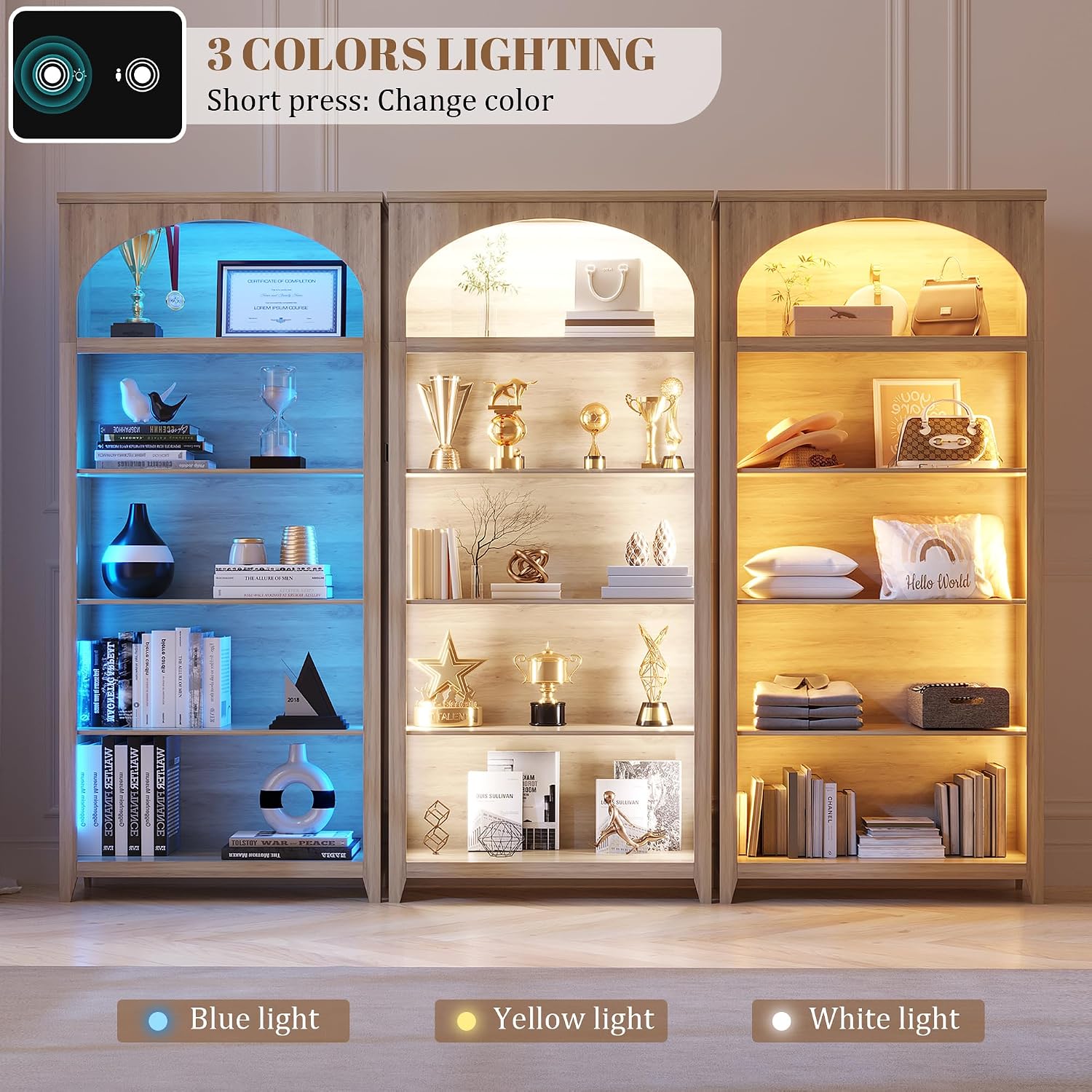 2pc LED Arched Bookshelf with Lights - 70'' Tall Bookcase with Storage, 5-Tier Floor Standing Modern Display Shelf for Living Room, Office, Study Room, Entryway, Ideal Gift, Natural Oak