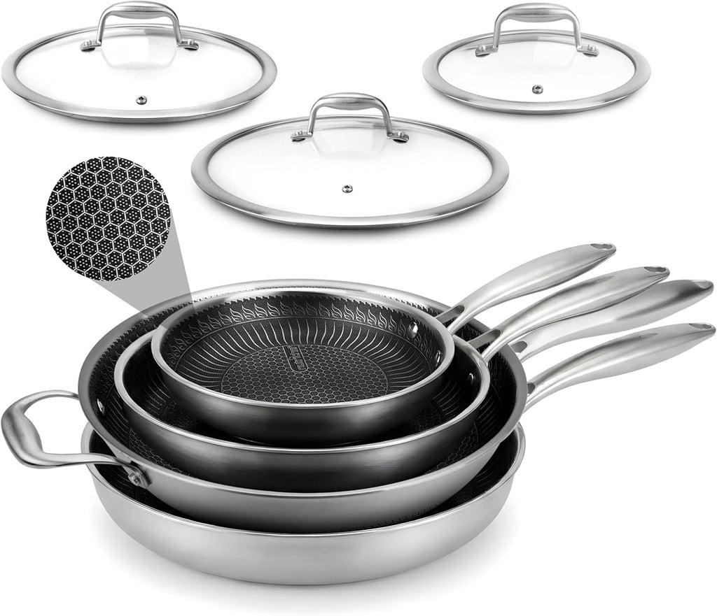 NutriChef 7-Piece Tri-Ply Stainless Steel Frying Pan Set & Wok – Nonstick, Induction Compatible, Oven Safe, Scratch-Resistant, Dishwasher Safe