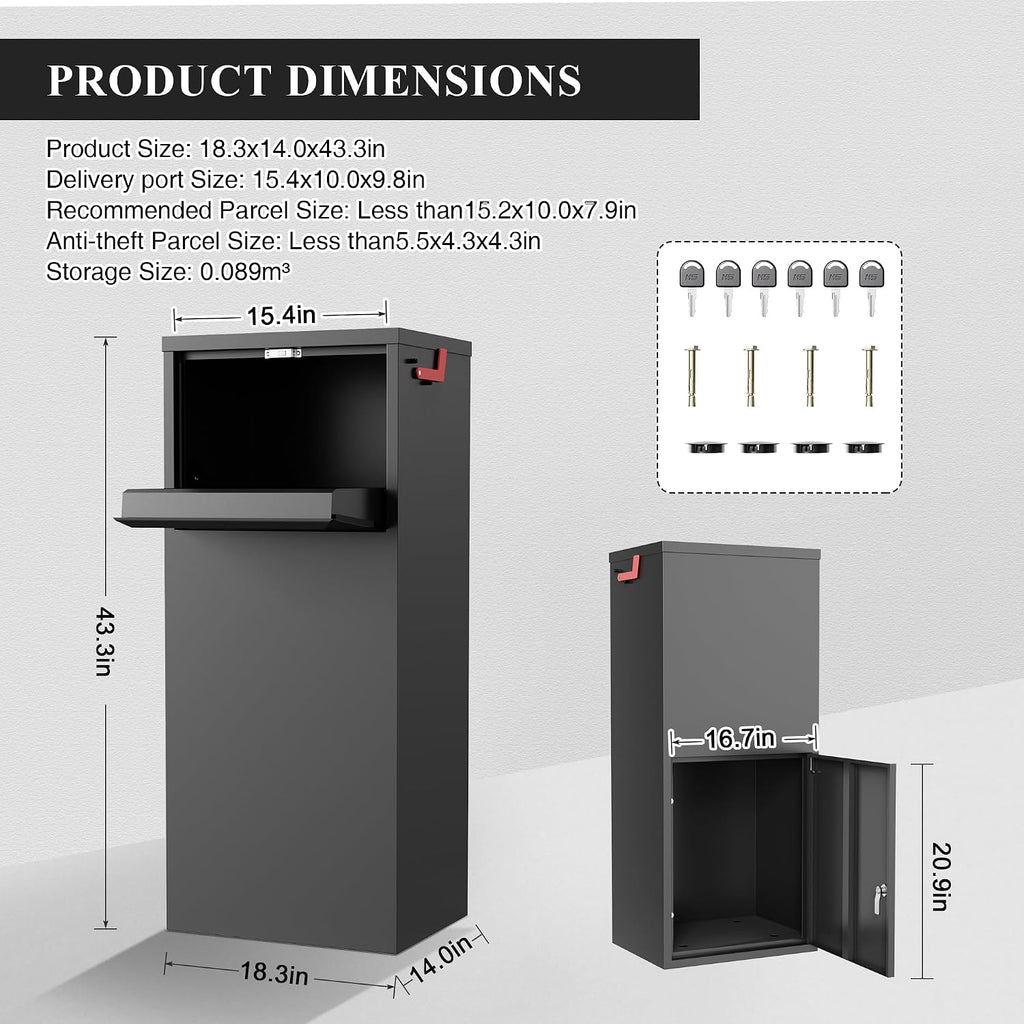 Merapi Package Delivery Box for Outside, 43.3' x 18.3' x 14.0' Cold-Rolled Steel Delivery Box for Packages, Anti-Theft Lockable Parcel Drop Boxes for Porch, House, Curbside, Black