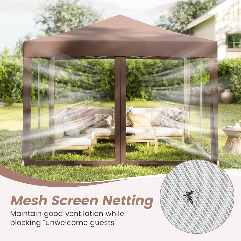 Tangkula 10x10 Ft Pop Up Canopy with Netting, Easy Up Outdoor Tent with Mesh Sidewalls, Carrying Bag, Adjustable Height, Portable Canopy Tent for Parties Events Camping Travel