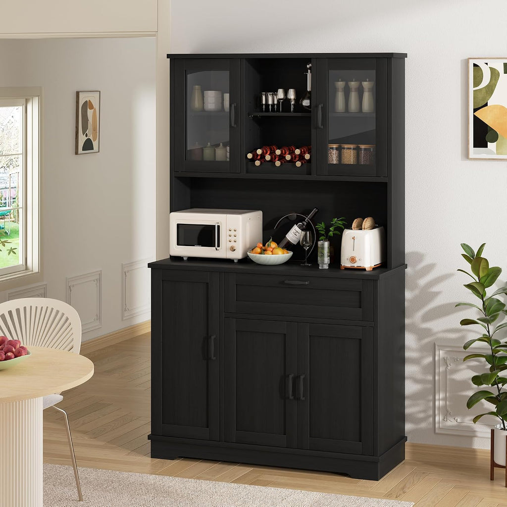 Shintenchi Kitchen Pantry Storage Cabinet, Freestanding Buffet Cabinet with Microwave Stand & 4 Door Shelves, Kitchen Hutch with Doors, Adjustable Shelves and Wine Rack, Black