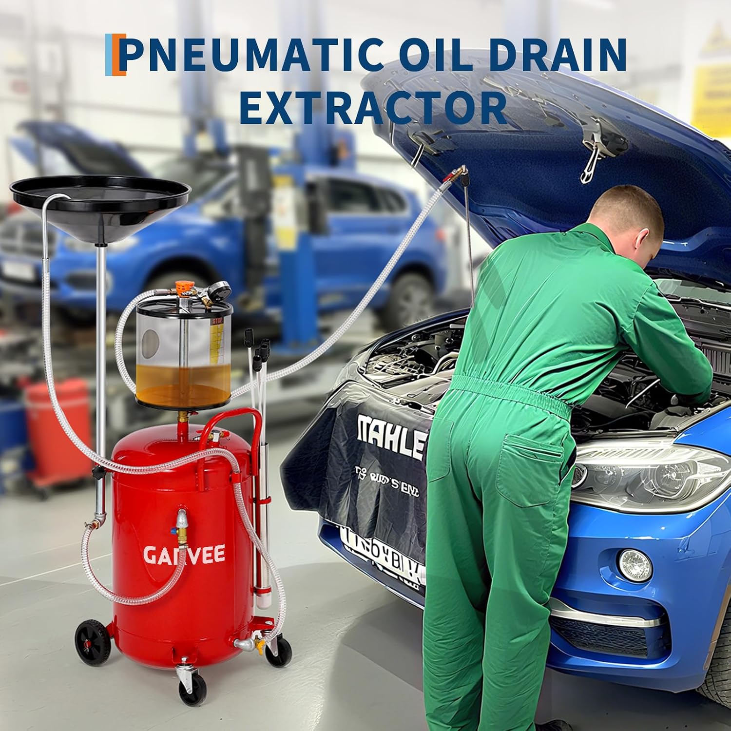 Garvee 20 Gallon Waste Oil Drain Tank, Air Operated Portable Oil Drainer with Adjustable Funnel, Fluid Fuel Transfer Drainage with Wheels, Oil Change Container for Automotive Workshops