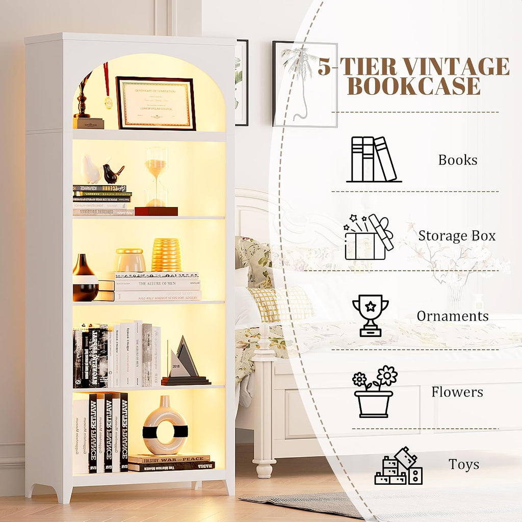 70' Tall Bookshelf with LED Lights, 5-Tier Modern Farmhouse Wood Bookcase with Arched Design, Sturdy Standing Shelf for Living Room, Bedroom, Office Library, White
