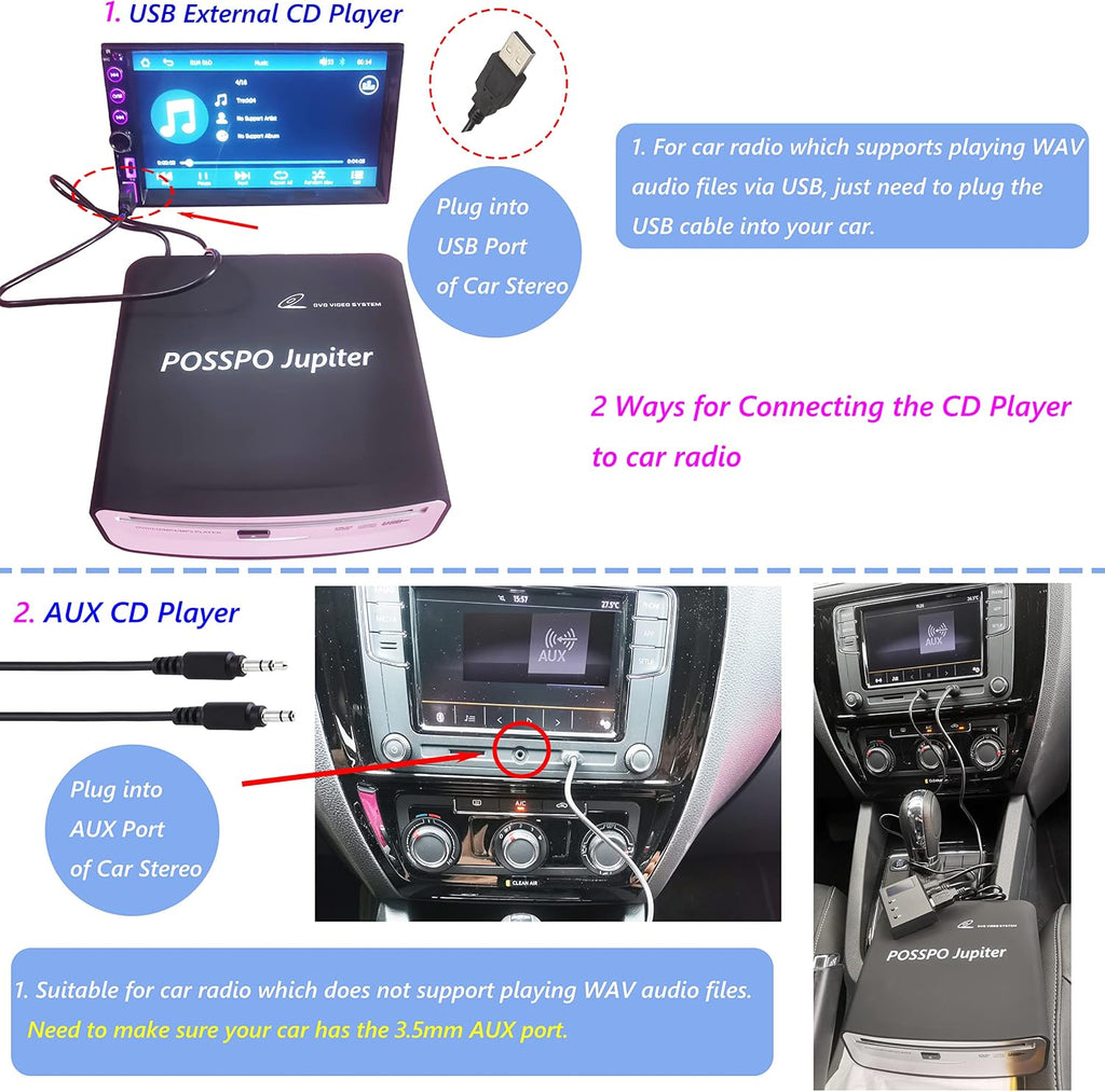 Jupiter USB CD Player for Car Auto, Portable External CD DVD Player, USB Plug & Play (No Decoder Needed), AUX Uses Decoder for Louder Clearer Sound, Anti-Skip, Seamless Track Playback, Resume