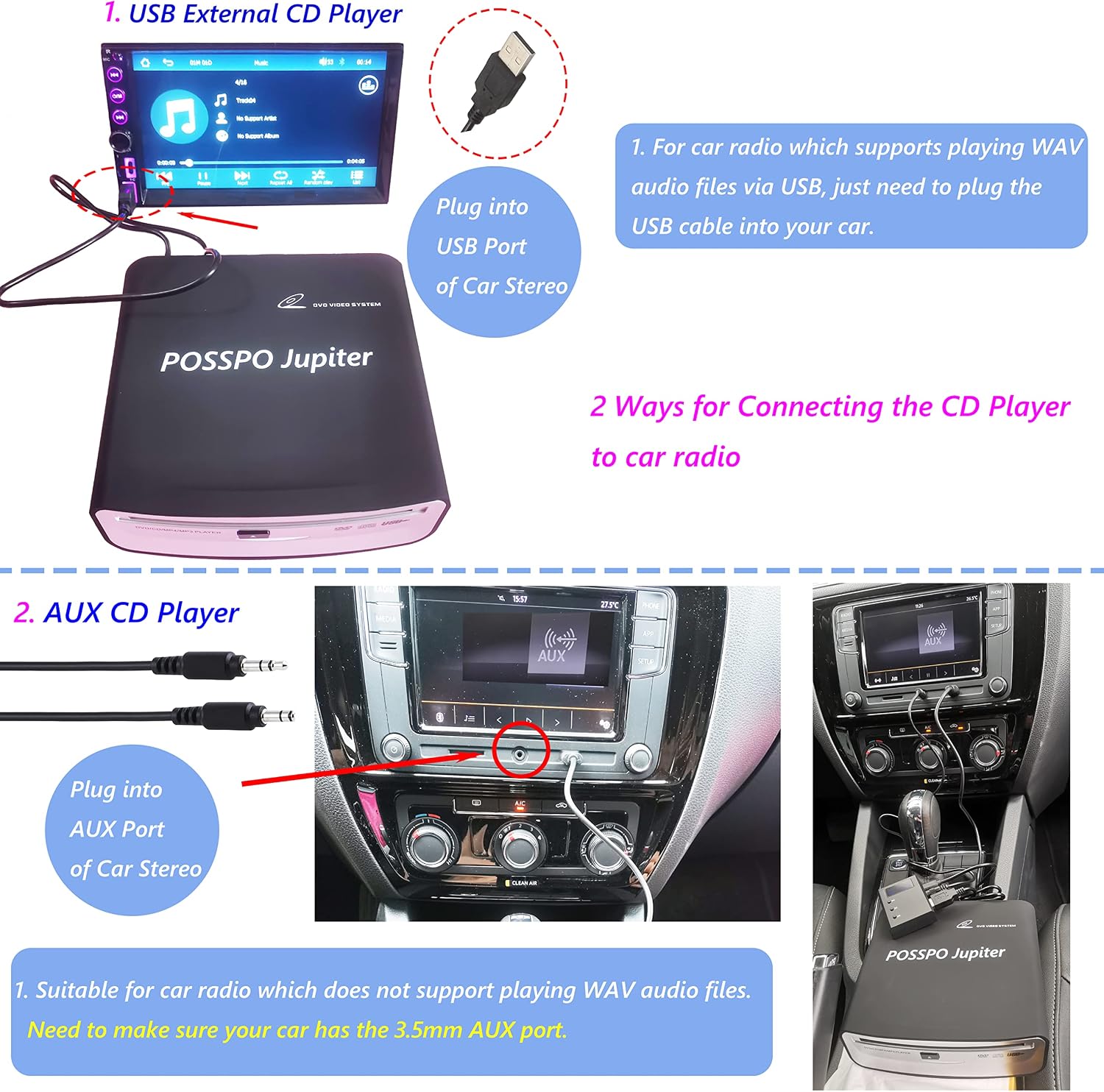 Jupiter USB CD Player for Car Auto, Portable External CD DVD Player, USB Plug & Play (No Decoder Needed), AUX Uses Decoder for Louder Clearer Sound, Anti-Skip, Seamless Track Playback, Resume
