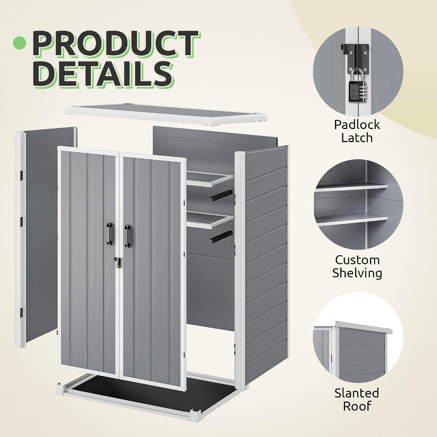 GOOBED Outdoor Storage Shed with 2 Adjustable Shelves, 49 Cu Ft Waterproof Vertical Garden Tool Shed with Lockable Door, Plastic Tall Tool Cabinet for Backyard Garden Patio Lawn, Gray