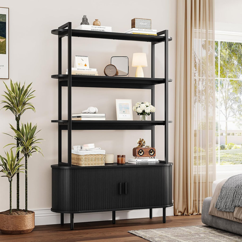 5 Tier Bookshelf with Fluted Cabinet, Tall Bookcase with Sliding Door, Metal and Wood Display Shelf, Free Standing Storage Shelving Unit, Corner Storage Organizer for Living Room, Home Office, Black