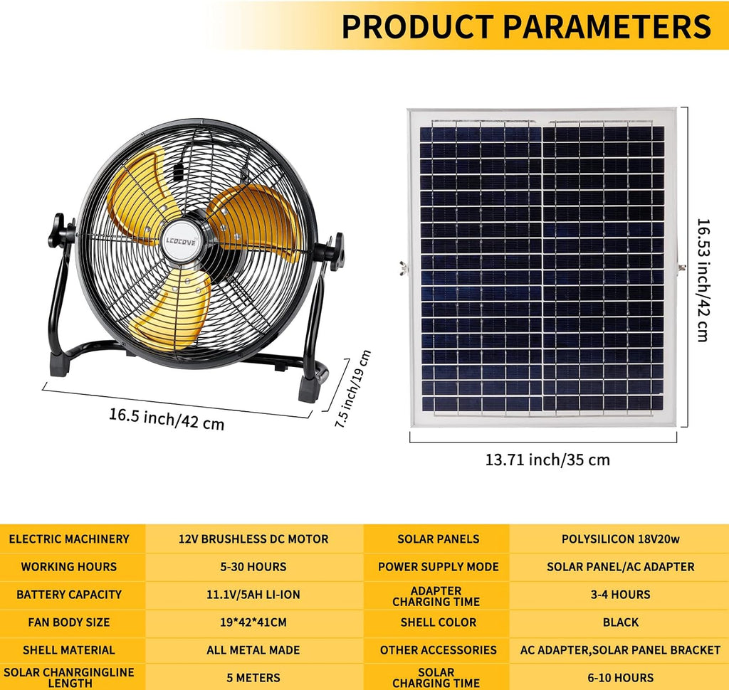lcocove Outdoor Fan Can Running 5-24 Hours,Solar Powered Fan For Shed,Home,Ouside,Camping，with USB Output For Emergency Situation Without Electric