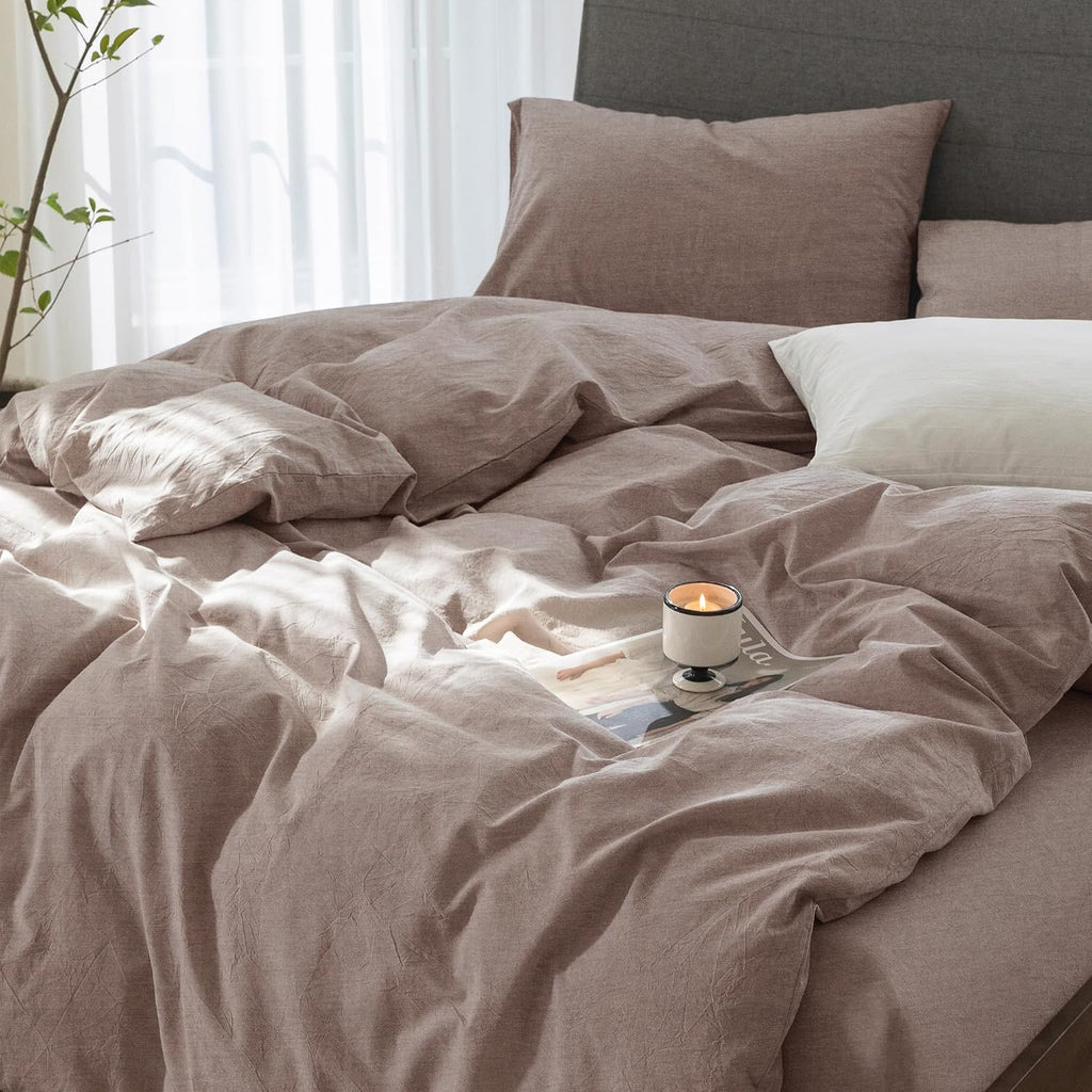 Super King Plus Cooling Duvet Cover Set - 3 Pieces 100% Cotton Bedding, Breathable, Crisp Linen-Like Texture, Naturally Soft & Gets Better，Hidden Zipper & Corner Ties – Mauve Brown, 120'x120'