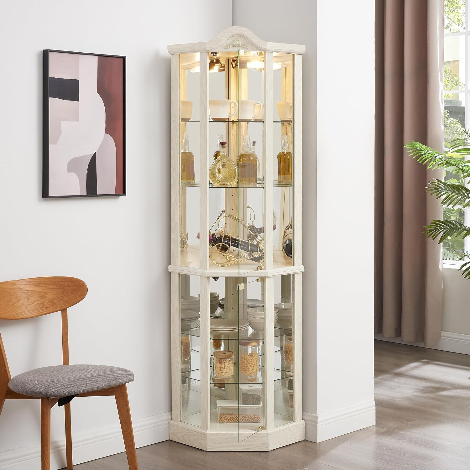 71' H Lighted Corner Display Cabinet, 6-Tier Wooden Curio Glass Cabinet with Adjustable Shelves, Carved Crown Decoration Corner Storage Display Case with Mirrored Back Pane (Antique White)