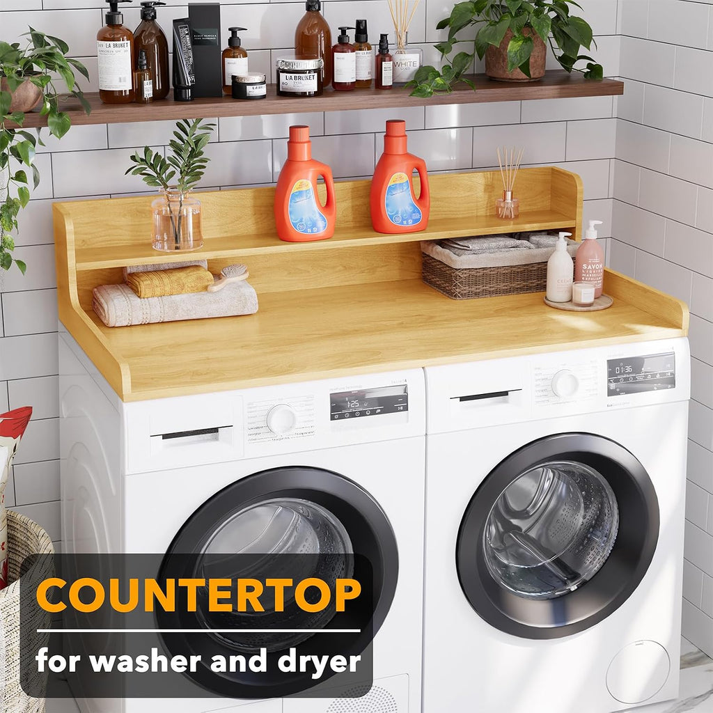 SpaceAid Washer Dryer Countertop with 2-Tier Shelf, Wood Topper with Edge, 54' Width x 27.5' Depth Cover Organizer Guard for Washer and Dryer Counter Laundry Hamper Storage (Maple Wood)