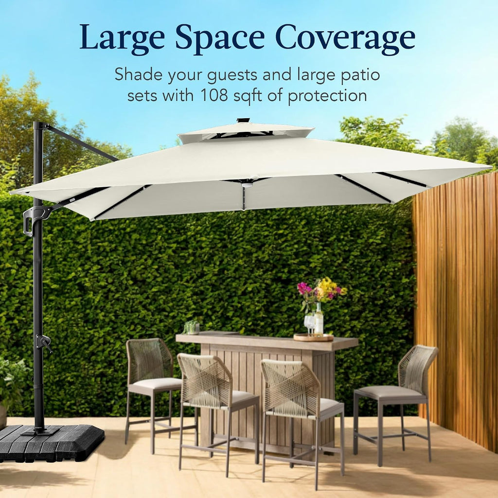 Best Choice Products 9x12ft LED Cantilever Patio Umbrella w/Base Included & 360° Rotation, Large Solar Offset Hanging Outdoor Sun Shade for Deck, Backyard Table w/Stand & Lights – Ivory
