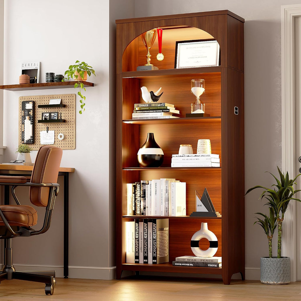 5-Tier LED Arched Bookshelf with Lights - 70'' Tall Bookcase with Storage, Floor Standing Modern Display Shelf for Living Room, Office, Study Room, Entryway, Ideal Gift, Walnut