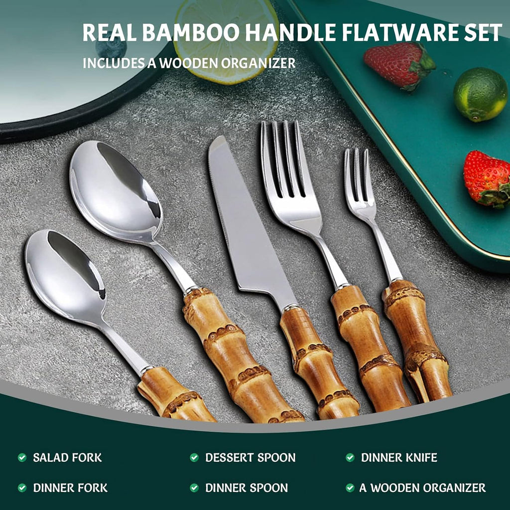 bamboo flatware sets, bamboo handle cutlery set, household kitchen utensil flatware sets for 4, recommend Hand Washing (20 pieces)