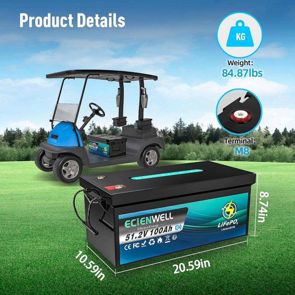 48V(51.2V) 100Ah Golf Cart Lithium LiFePO4 Battery with Bluetooth&APP, 15000+ Deep Cycle Battery with LCD Monitor, EV A+ Rated Cells Batteries with 200A BMS for Golf Cart, Lawn Mower, Solar System, RV
