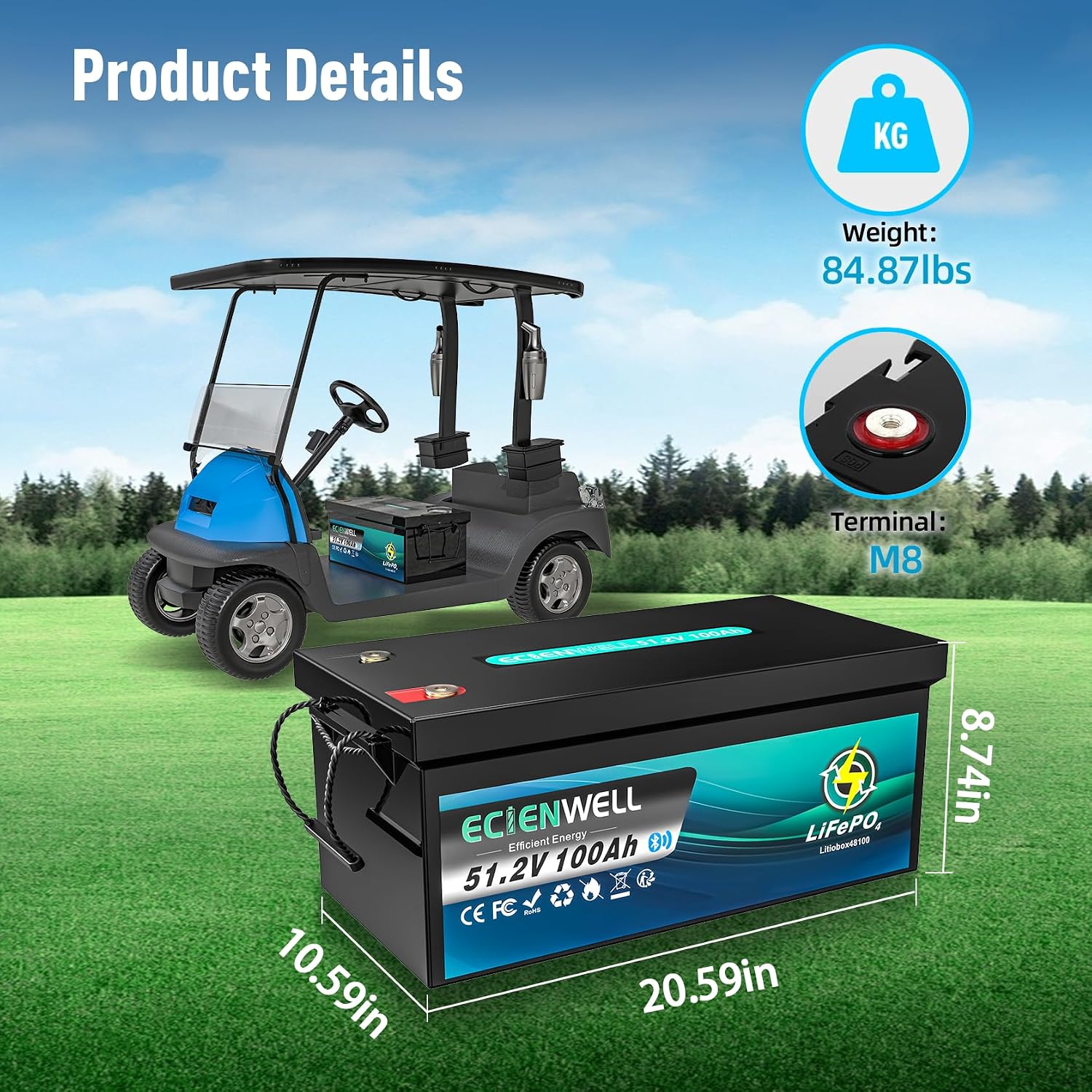 48V(51.2V) 100Ah Golf Cart Lithium LiFePO4 Battery with Bluetooth&APP, 15000+ Deep Cycle Battery with LCD Monitor, EV A+ Rated Cells Batteries with 200A BMS for Golf Cart, Lawn Mower, Solar System, RV