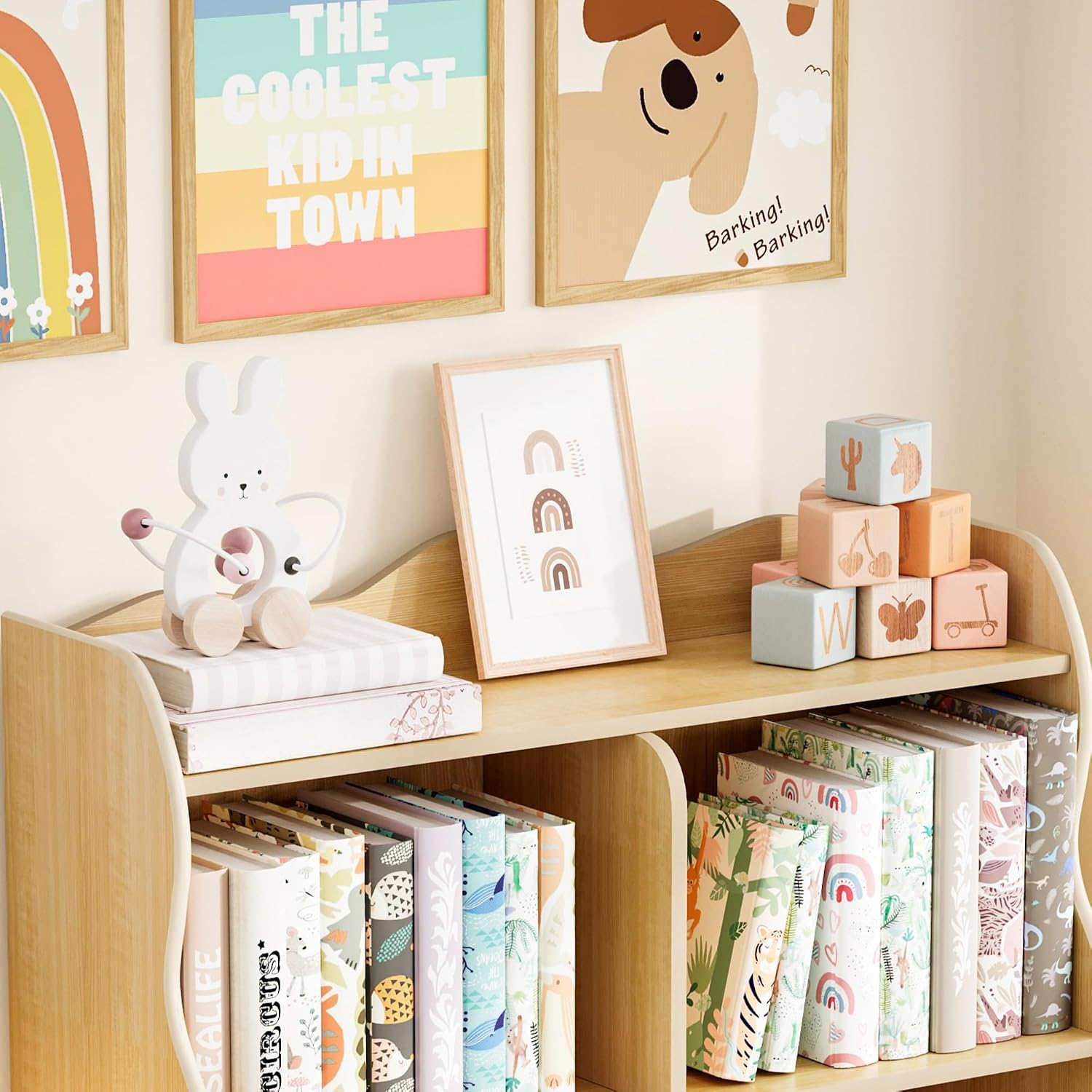 Treocho Kids Bookshelf and Toy Storage Orangizer, 3-Tier Wooden Children's Bookcase with Curve Design, 5 Toy Storage Cabinet Display with Legs for Children's Room, Playroom, School, Natural