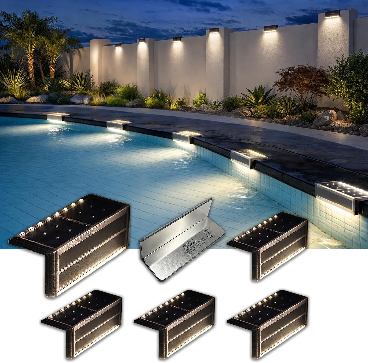 SHONELIGHTING Pool Light, Solar Powered Poolside LEDs for Inground Pool, Ultra-Thin 2-Way Lighting for Deck, Edge, Wall, Step, Outdoor Waterproof Stainless Steel for Swimming Pool (Warm White, 6 Pack)