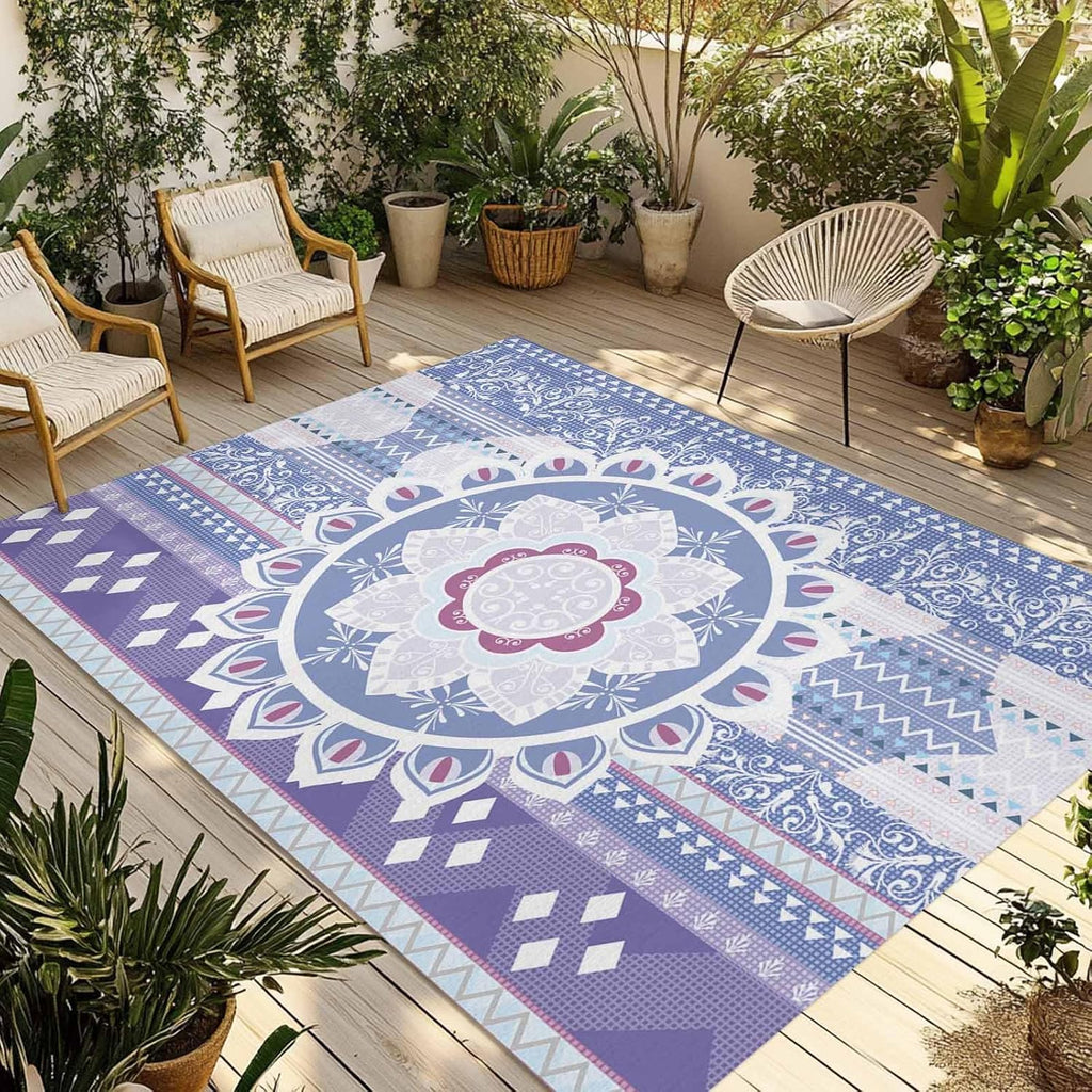 Outdoor Rug 4x6ft Lavender Bohemia Flower Texture Patio Area Rugs Waterproof Easy Cleaning Non Shedding Thick Mats Geometric Carpet for Indoor Outdoor Porch Deck Backyard Balcony